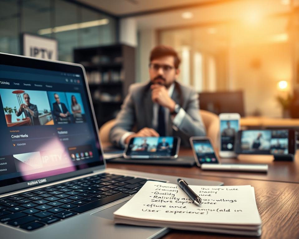 A visually engaging workspace showcasing various IPTV subscription criteria. In the foreground, a sleek laptop displays an IPTV interface, reflecting channels and quality settings. Beside it, a notepad holds handwritten notes on features like reliability and user experience. In the middle, a professional person in business attire is thoughtfully discussing options on a video call, surrounded by smartphone and tablet devices showing IPTV applications. The background features a modern office setting with soft, focused lighting that creates a warm and professional atmosphere. The scene captures an essence of decision-making and analytical thinking, emphasizing the importance of quality and reliability when choosing an IPTV application subscription. Use a shallow depth of field to create a sense of intimacy and focus on the subject matter. A visually engaging workspace showcasing various IPTV subscription criteria. In the foreground, a sleek laptop displays an IPTV interface, reflecting channels and quality settings. Beside it, a notepad holds handwritten notes on features like reliability and user experience. In the middle, a professional person in business attire is thoughtfully discussing options on a video call, surrounded by smartphone and tablet devices showing IPTV applications. The background features a modern office setting with soft, focused lighting that creates a warm and professional atmosphere. The scene captures an essence of decision-making and analytical thinking, emphasizing the importance of quality and reliability when choosing an IPTV application subscription. Use a shallow depth of field to create a sense of intimacy and focus on the subject matter.