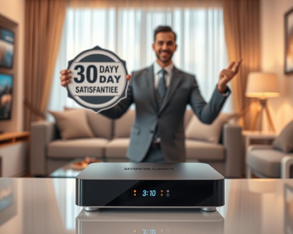 A visually striking and professional composition illustrating a "30 Day Satisfaction Guarantee" theme. In the foreground, a clean, modern product display featuring a sleek IPTV device with a glowing screen showcasing vibrant streaming options. In the middle ground, a confident business person in smart attire enthusiastically holds a sign that symbolizes the guarantee, embodying trust and assurance. The background includes a softly blurred living room setting with warm lighting, suggesting comfort and connectivity. Use a shallow depth of field to emphasize the product and person, creating a welcoming yet professional atmosphere. The overall mood should be one of reliability and satisfaction, encouraging viewers to engage with the offer. A visually striking and professional composition illustrating a "30 Day Satisfaction Guarantee" theme. In the foreground, a clean, modern product display featuring a sleek IPTV device with a glowing screen showcasing vibrant streaming options. In the middle ground, a confident business person in smart attire enthusiastically holds a sign that symbolizes the guarantee, embodying trust and assurance. The background includes a softly blurred living room setting with warm lighting, suggesting comfort and connectivity. Use a shallow depth of field to emphasize the product and person, creating a welcoming yet professional atmosphere. The overall mood should be one of reliability and satisfaction, encouraging viewers to engage with the offer.