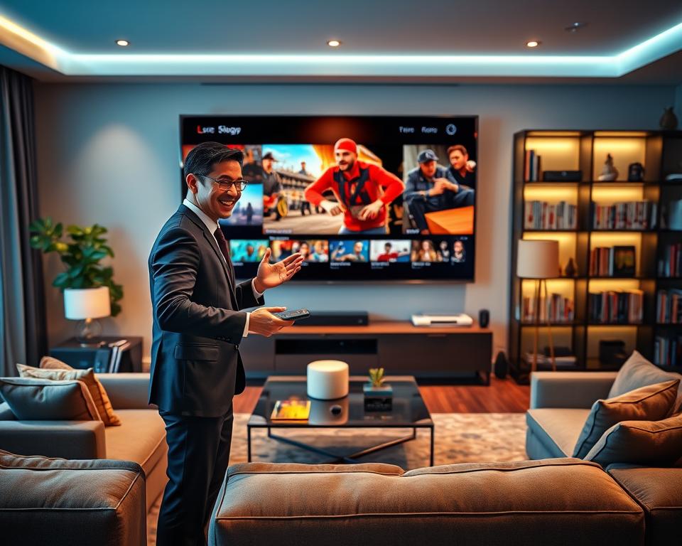 A visually striking depiction of IPTV premium service: a sleek, modern living room setup showcasing a large flat-screen TV displaying dynamic streaming content. In the foreground, a person in professional business attire, smiling and relaxed, gestures towards the TV, engaging with a smart remote. The middle of the room features a stylish sofa, elegant decor, and ambient lighting creating a cozy atmosphere. The background reveals a contemporary bookshelf filled with tech gadgets and entertainment DVDs. Use soft, warm lighting to evoke a sense of comfort and sophistication. The camera angle is slightly elevated, focusing on the interaction between the person and the TV, capturing a vibrant, inviting environment that reflects the theme of premium entertainment service in 2025.