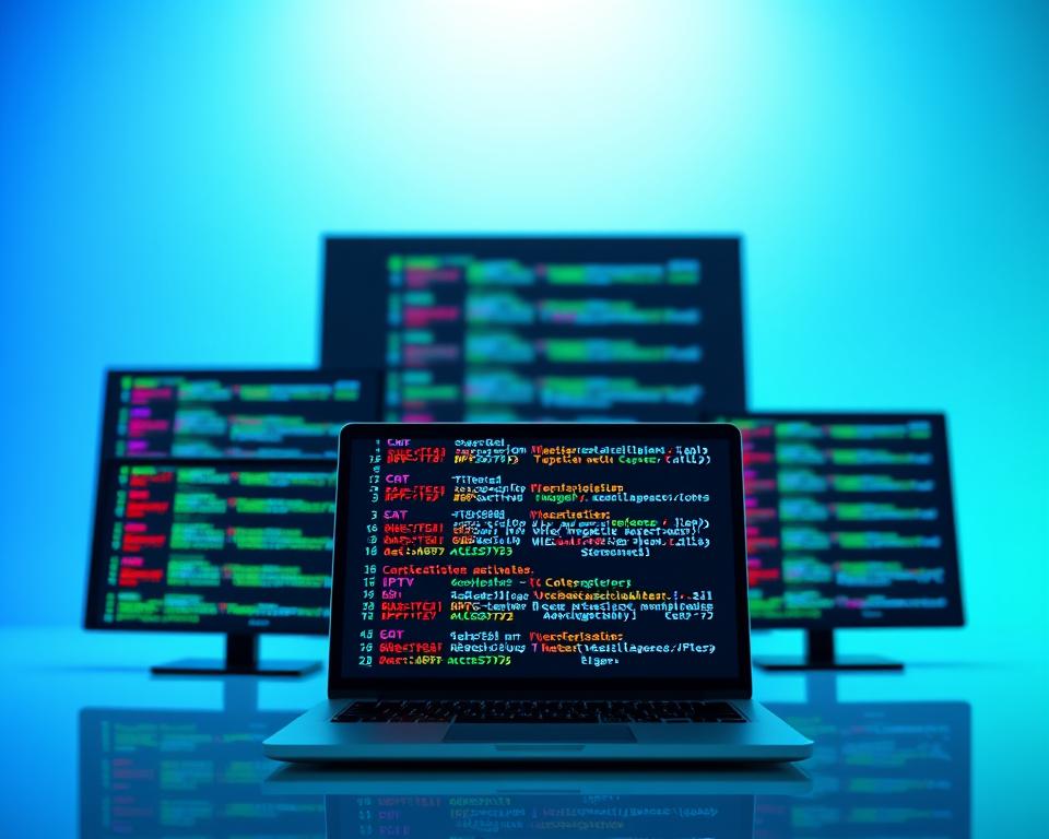 A visually striking illustration focusing on various IPTV access codes, organized in a clean and professional layout. In the foreground, showcase several digital screens displaying colorful, dynamic grids of code snippets and icons representing different IPTV services. In the middle ground, include a sleek, modern laptop with a blurred screen reflecting code activation processes. The background features a gradient of bright blues and greens, evoking a tech-savvy atmosphere, with subtle abstract shapes suggestive of digital networks. The lighting is bright and balanced, simulating daylight, while the angle is slightly above eye level, inviting viewers into the high-tech world of IPTV. The overall mood is innovative and professional, perfectly capturing the essence of IPTV access formats without any text or distractions. A visually striking illustration focusing on various IPTV access codes, organized in a clean and professional layout. In the foreground, showcase several digital screens displaying colorful, dynamic grids of code snippets and icons representing different IPTV services. In the middle ground, include a sleek, modern laptop with a blurred screen reflecting code activation processes. The background features a gradient of bright blues and greens, evoking a tech-savvy atmosphere, with subtle abstract shapes suggestive of digital networks. The lighting is bright and balanced, simulating daylight, while the angle is slightly above eye level, inviting viewers into the high-tech world of IPTV. The overall mood is innovative and professional, perfectly capturing the essence of IPTV access formats without any text or distractions.