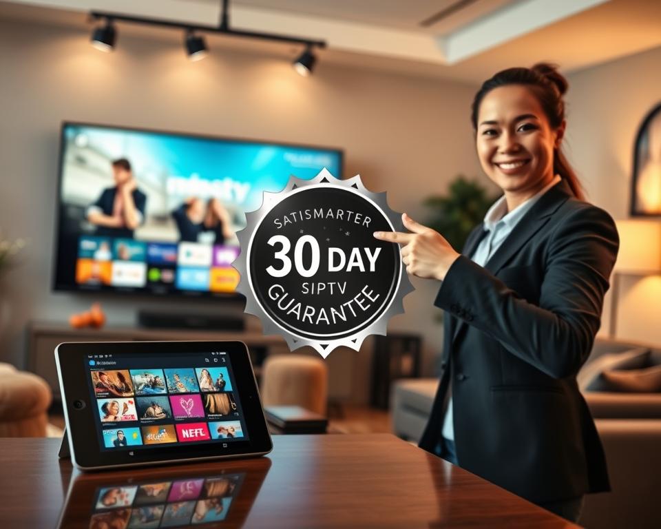 A visually striking image depicting a "30-day satisfaction guarantee" concept. In the foreground, a modern, sleek digital device like a tablet or smartphone displaying an IPTV Smarters app interface, showcasing vibrant streaming content. To the right, a smiling professional, dressed in business casual attire, points toward the device, embodying trust and assurance. The middle layer features an elegant graphic element, such as a shiny shield or badge symbolizing the guarantee, with a soft glow, enhancing its importance. In the background, a cozy, contemporary living room setting, with a large screen displaying the IPTV content, warm lighting from overhead fixtures creating an inviting atmosphere. The overall mood conveys reliability, comfort, and confidence in the service offered.