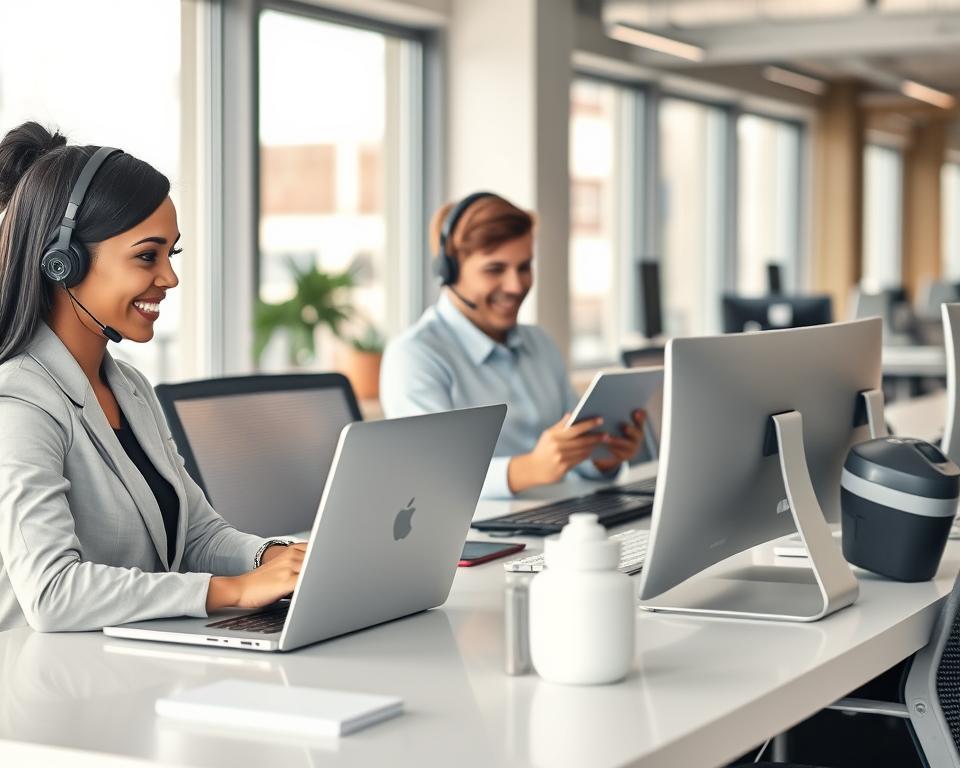 A welcoming and professional customer support environment, showcasing a diverse group of three customer service representatives in business attire, seated at a modern, sleek desk filled with high-tech equipment. The foreground features a smiling representative wearing a headset, engaged with a laptop displaying chat support chats. In the middle, another representative is on a phone, offering assistance with a warm expression, while a third individual consults a tablet for information. The background includes a bright, open office space with large windows letting in soft, natural light, creating a friendly atmosphere. The overall mood is one of approachability and readiness to assist, reflecting 24/7 availability and support. Focus on the efficient setup, while keeping the image clean and professional, devoid of any text or branding. A welcoming and professional customer support environment, showcasing a diverse group of three customer service representatives in business attire, seated at a modern, sleek desk filled with high-tech equipment. The foreground features a smiling representative wearing a headset, engaged with a laptop displaying chat support chats. In the middle, another representative is on a phone, offering assistance with a warm expression, while a third individual consults a tablet for information. The background includes a bright, open office space with large windows letting in soft, natural light, creating a friendly atmosphere. The overall mood is one of approachability and readiness to assist, reflecting 24/7 availability and support. Focus on the efficient setup, while keeping the image clean and professional, devoid of any text or branding.