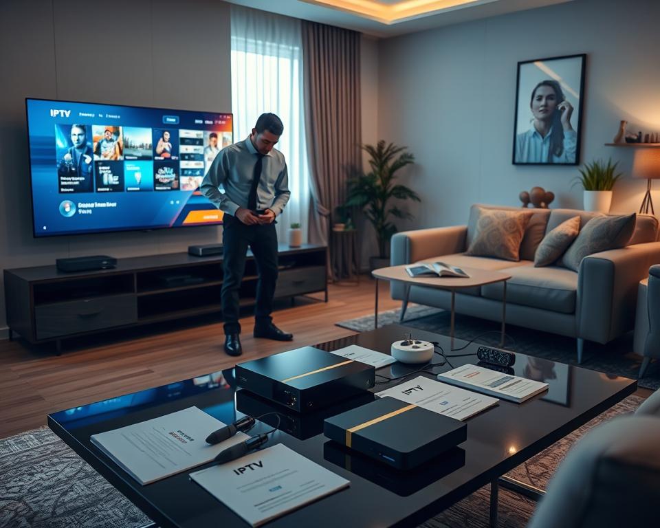 A well-equipped home entertainment setup for IPTV installation, featuring a modern living room with a sleek television displaying a digital interface. In the foreground, a technician in professional attire is seen connecting cables and setting up a streaming device on a stylish TV stand. The middle ground showcases a clutter-free coffee table with IPTV manuals and tools, while the background displays a cozy couch and decorative elements, creating a warm atmosphere. Soft, natural lighting filters through a window, highlighting the high-tech equipment. The scene conveys a sense of professionalism and clarity, ideal for illustrating the configuration and installation process of IPTV services. A well-equipped home entertainment setup for IPTV installation, featuring a modern living room with a sleek television displaying a digital interface. In the foreground, a technician in professional attire is seen connecting cables and setting up a streaming device on a stylish TV stand. The middle ground showcases a clutter-free coffee table with IPTV manuals and tools, while the background displays a cozy couch and decorative elements, creating a warm atmosphere. Soft, natural lighting filters through a window, highlighting the high-tech equipment. The scene conveys a sense of professionalism and clarity, ideal for illustrating the configuration and installation process of IPTV services.