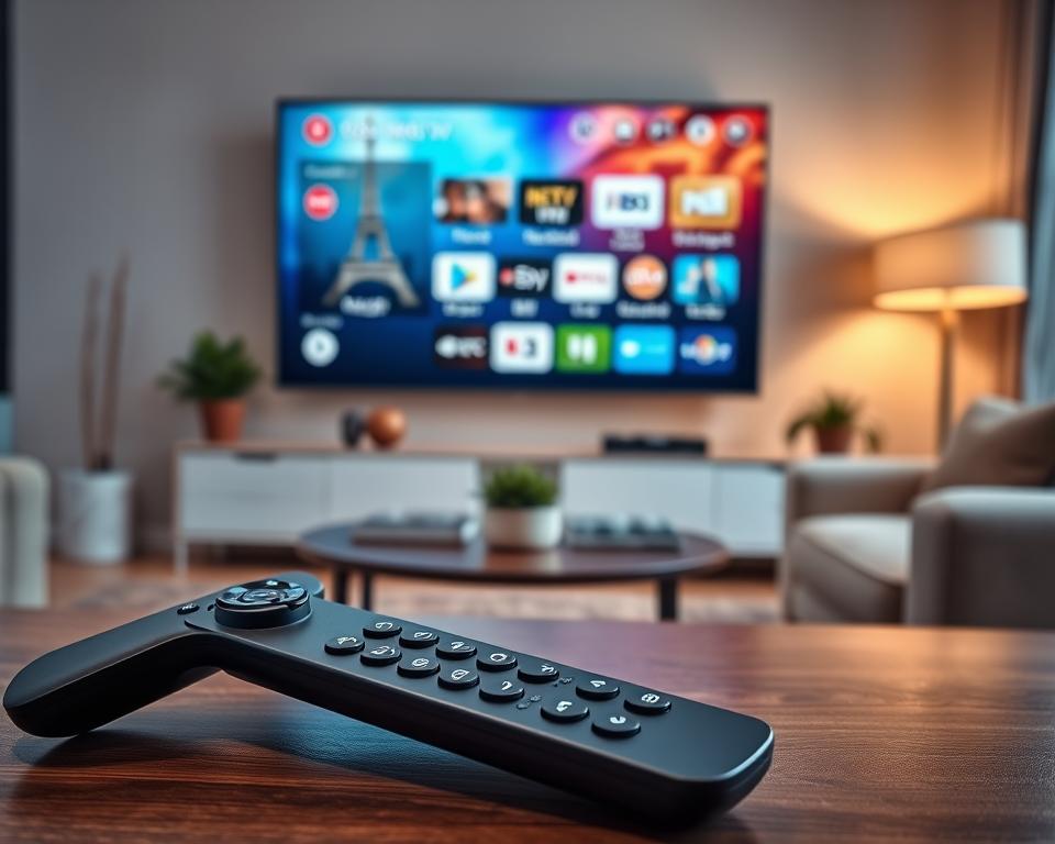 An elegant and user-friendly interface of the IPTV Smarters Pro application displayed on a modern smart TV screen. In the foreground, a sleek remote control rests on a stylish coffee table, featuring buttons designed for easy navigation. The middle layer showcases the TV displaying a vibrant interface, with colorful tiles representing various streaming services and channels, all organized for intuitive access. The background features a cozy living room setting with warm lighting, soft couches, and decor that enhances a sense of relaxation and entertainment. The angle captures the screen from slightly below, emphasizing the clarity of the displayed content. The atmosphere is inviting and contemporary, inviting viewers to imagine enjoying seamless IPTV viewing. An elegant and user-friendly interface of the IPTV Smarters Pro application displayed on a modern smart TV screen. In the foreground, a sleek remote control rests on a stylish coffee table, featuring buttons designed for easy navigation. The middle layer showcases the TV displaying a vibrant interface, with colorful tiles representing various streaming services and channels, all organized for intuitive access. The background features a cozy living room setting with warm lighting, soft couches, and decor that enhances a sense of relaxation and entertainment. The angle captures the screen from slightly below, emphasizing the clarity of the displayed content. The atmosphere is inviting and contemporary, inviting viewers to imagine enjoying seamless IPTV viewing.