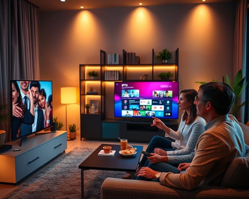 An engaging user experience of streaming depicted in a modern living room. In the foreground, a diverse group of three adults, dressed in professional business attire, are intently watching a sleek smart TV displaying a vibrant IPTV interface. One person gestures excitedly, reflecting their positive experience. The middle ground includes a comfortable sofa, a coffee table with snacks, and a high-tech remote control, emphasizing a casual yet focused atmosphere. In the background, a well-lit bookshelf and potted plants enhance the homely setting, with warm, soft lighting casting a cozy glow. The overall mood is vibrant and inviting, showcasing the enjoyment of shared streaming experiences. An engaging user experience of streaming depicted in a modern living room. In the foreground, a diverse group of three adults, dressed in professional business attire, are intently watching a sleek smart TV displaying a vibrant IPTV interface. One person gestures excitedly, reflecting their positive experience. The middle ground includes a comfortable sofa, a coffee table with snacks, and a high-tech remote control, emphasizing a casual yet focused atmosphere. In the background, a well-lit bookshelf and potted plants enhance the homely setting, with warm, soft lighting casting a cozy glow. The overall mood is vibrant and inviting, showcasing the enjoyment of shared streaming experiences.