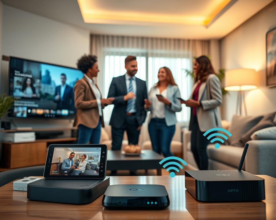 An inviting and modern living room setting as the foreground, showcasing various streaming devices such as a smart TV, tablet, smartphone, and streaming box, all connected by visible Wi-Fi signals. In the middle ground, a diverse group of three professionals, dressed in smart casual attire, enthusiastically discussing their devices while pointing out their features. The background features a cozy atmosphere with warm lighting, plants, and contemporary furniture, creating a relaxed yet professional vibe. Soft lighting highlights the devices, emphasizing their compatibility. Use a slight depth of field to keep the focus on the devices and the people engaged in conversation. Aim for a cheerful, engaging mood to reflect the idea of seamless connectivity across devices. An inviting and modern living room setting as the foreground, showcasing various streaming devices such as a smart TV, tablet, smartphone, and streaming box, all connected by visible Wi-Fi signals. In the middle ground, a diverse group of three professionals, dressed in smart casual attire, enthusiastically discussing their devices while pointing out their features. The background features a cozy atmosphere with warm lighting, plants, and contemporary furniture, creating a relaxed yet professional vibe. Soft lighting highlights the devices, emphasizing their compatibility. Use a slight depth of field to keep the focus on the devices and the people engaged in conversation. Aim for a cheerful, engaging mood to reflect the idea of seamless connectivity across devices.