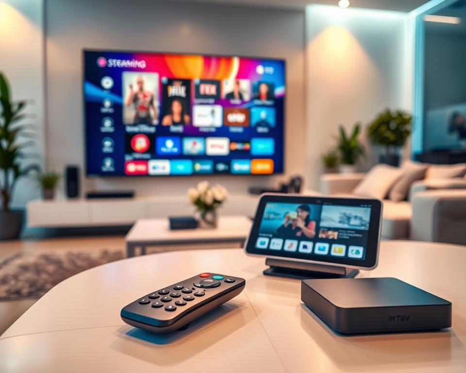 a futuristic living room with a large smart TV displaying vibrant streaming options, featuring a sleek remote control on a stylish coffee table in the foreground. In the middle, there are modern gadgets like a streaming box and a tablet, showing an interface for IPTV services. The background includes a cozy couch and soft ambient lighting that creates a warm and inviting atmosphere. A few potted plants add a touch of greenery to the room. The scene is captured from a slightly angled perspective to emphasize depth, using soft focus to enhance the mood of relaxation and convenience in entertainment. The overall style should be contemporary and professional, evoking a sense of tech-savvy comfort. a futuristic living room with a large smart TV displaying vibrant streaming options, featuring a sleek remote control on a stylish coffee table in the foreground. In the middle, there are modern gadgets like a streaming box and a tablet, showing an interface for IPTV services. The background includes a cozy couch and soft ambient lighting that creates a warm and inviting atmosphere. A few potted plants add a touch of greenery to the room. The scene is captured from a slightly angled perspective to emphasize depth, using soft focus to enhance the mood of relaxation and convenience in entertainment. The overall style should be contemporary and professional, evoking a sense of tech-savvy comfort.