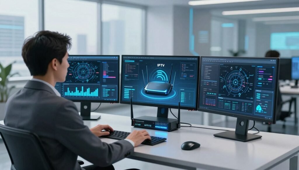 A futuristic digital workspace depicting a network engineer actively optimizing an IPTV connection for stability. In the foreground, the engineer sits at a sleek modern desk with multiple monitors displaying complex graphs and network simulations, dressed in professional business attire. In the middle ground, a high-tech router glows softly, with visual indicators of signal strength and performance surrounding it. The background features a bright, tech-inspired environment with large windows revealing a bustling cityscape. Soft, ambient lighting enhances the atmosphere, suggesting a focus on innovation and efficiency. The overall mood is one of concentration and professionalism, emphasizing the importance of stable connections in streaming technology.