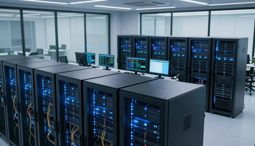 A high-tech server room illustrating security and stability. In the foreground, sleek, modern server racks glow with soft blue LED lights, displaying intricate wiring and cooling systems. In the middle ground, a network of connected servers is represented with clear, high-definition detail, showcasing multiple screens monitoring traffic and data flow. The background features large glass windows, allowing natural light to flood the room while maintaining a sense of high-tech professionalism. The overall atmosphere is one of reliability and cutting-edge technology, conveying a sense of trust and safety in the network infrastructure. The image is lit with cool, ambient lighting, emphasizing clarity and sophistication. The camera angle should be slightly elevated, providing a comprehensive overview of the setup.