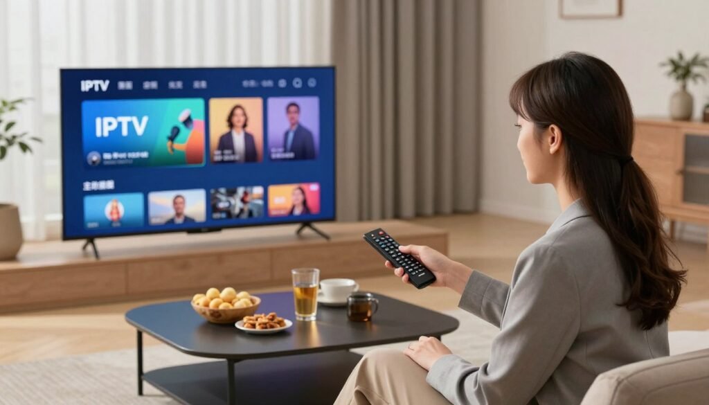 A modern living room setting showcasing a sleek smart TV displaying a vibrant interface for IPTV streaming. In the foreground, a professional young woman in business attire is interacting with a remote control, focused and engaged. The middle ground features a stylish coffee table adorned with snacks and drinks, symbolizing a casual viewing experience. In the background, large windows let in soft, natural light, enhancing the warm and inviting atmosphere. The color palette is a mix of cool blues and warm earthy tones, creating a sense of comfort and flexibility. The camera angle is slightly elevated, highlighting the connection between convenience and entertainment, perfectly illustrating the theme of non-binding IPTV subscriptions.