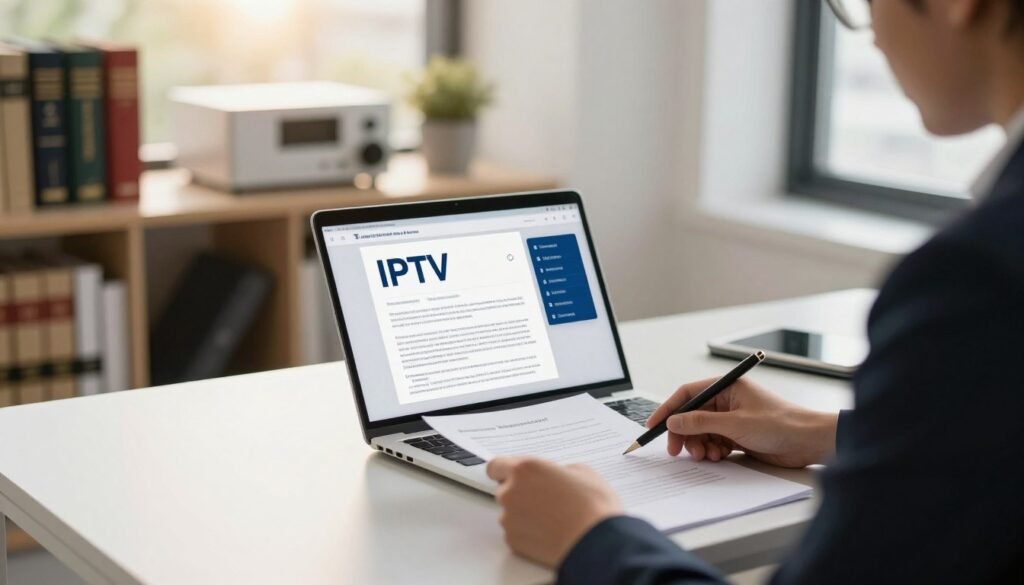 A professional setting featuring a sleek modern desk with a laptop displaying IPTV services. In the foreground, a businessperson in formal attire reviews legal documents related to IPTV subscriptions, conveying transparency and legality. The middle ground includes a soft-focus bookshelf filled with legal books and digital media equipment, symbolizing knowledge and compliance. The background shows a large window with soft daylight streaming in, enhancing the atmosphere of assurance and clarity. The lighting is warm and inviting, creating a sense of professionalism and focus. The overall mood reflects trust, legality, and modern technology in the IPTV industry.