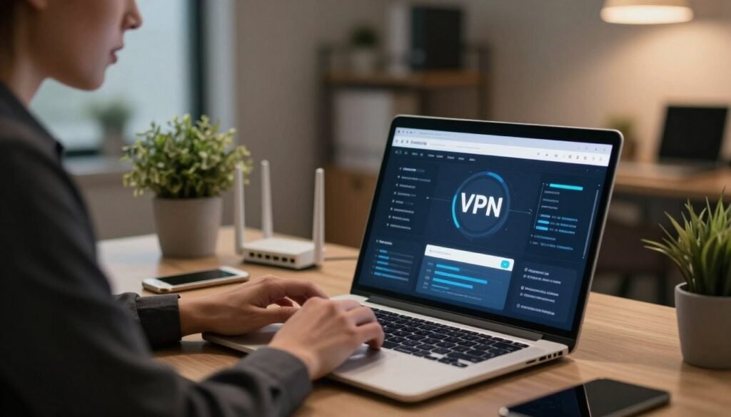 A professional setting showcasing a secure VPN connection. In the foreground, a modern laptop displaying a sleek VPN interface with encrypted data visuals. To the left, a focused individual in business attire, sitting at a desk, using the laptop. Their expression reflects concentration and confidence in using technology safely. In the middle ground, a cozy office environment with subtle tech elements – a potted plant, a smartphone, and a network router symbolizing connectivity. In the background, soft, ambient lighting enhances a feeling of security and professionalism. The overall atmosphere is calm and focused, emphasizing the importance of secure internet connections in a digital age. The image should be composed with a balanced perspective, shot from a slight angle for depth.