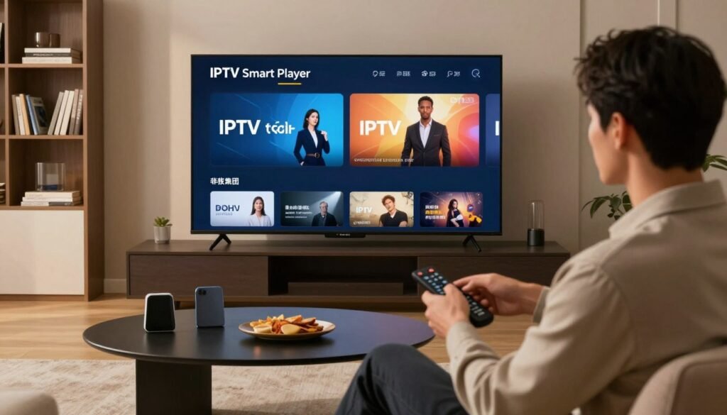 A sleek, modern living room setting with a focus on a large screen displaying the IPTV Smart Player interface, showcasing smooth streaming performance. In the foreground, a professional individual, dressed in smart casual attire, intently observes the screen, using a remote control. The middle ground features a stylish coffee table with a few tech gadgets and snacks. The background includes a wall-mounted bookshelf, filled with technology books, providing an academic yet relaxed atmosphere. Soft, warm lighting illuminates the room, creating a cozy yet sophisticated ambiance. The angle captures the player's screen prominently while emphasizing the user's engagement with the content. Overall, the image conveys efficiency and optimization for a seamless viewing experience.