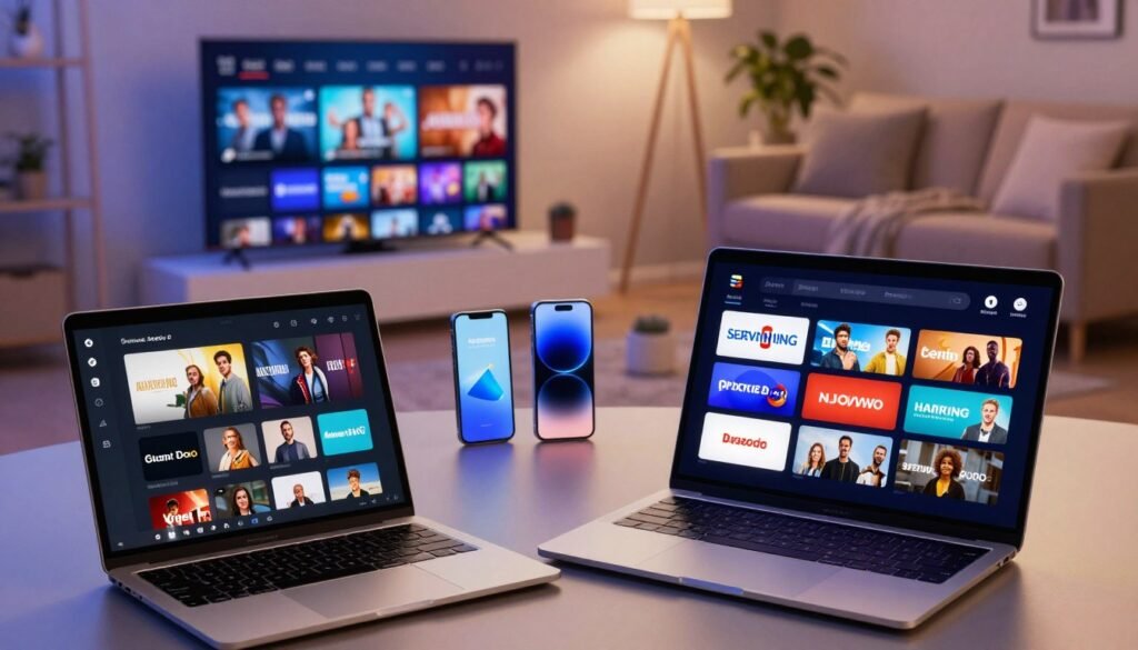 A visually engaging and informative comparison of streaming options showcased in a modern, sleek setting. In the foreground, a high-tech laptop displays multiple streaming platforms on the screen, with vibrant logos representing various services. The middle layer features an array of devices such as a smart TV, tablet, and smartphone arranged neatly, emphasizing versatility and user choice. In the background, a cozy living room environment with soft, ambient lighting sets an inviting atmosphere, hinting at home entertainment. The angle is slightly elevated, capturing the essence of a user's perspective. The overall mood is one of efficiency and innovation, inviting viewers to explore their streaming alternatives.