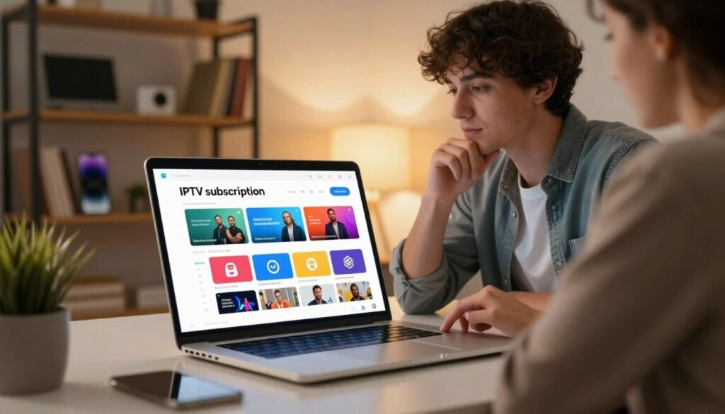 A visually engaging scene depicting a modern workspace focused on selecting an "IPTV subscription". In the foreground, a sleek laptop is open, displaying a user-friendly interface for browsing IPTV options. Surrounding the laptop are colorful icons representing diverse TV channels, showcasing quality content. In the middle, a professional individual in smart casual attire is studying the screen, with a thoughtful expression, hinting at decision-making. The background features a cozy room atmosphere, with soft ambient lighting creating a warm glow, emphasizing a sense of comfort and reliability. A stylish bookshelf adorned with tech gadgets and books on streaming services adds a contemporary feel, enhancing the mood of informed choice. The composition captures the essence of selecting the best IPTV service in a trustworthy and inviting environment.