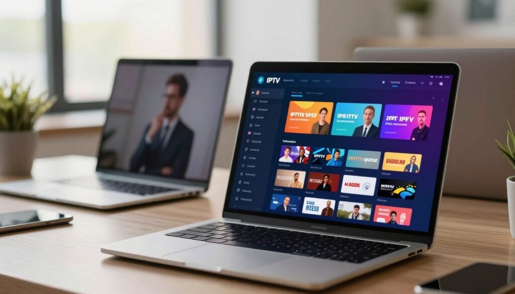 A visually striking and organized workspace featuring a digital device, such as a laptop or tablet, displaying a vibrant and colorful playlist interface. In the foreground, a sleek device with an appealing user interface showing a list of IPTV sources, with icons representing various streaming services. The middle ground includes a reflection of a person in professional attire, thoughtfully analyzing the playlists. The background is softly blurred with a modern office setting, illuminated by warm, natural light streaming through a window. The atmosphere conveys a sense of productivity and resourcefulness, with subtle hints of technology and organization, creating an inviting and inspiring visual for finding reliable IPTV playlist sources.