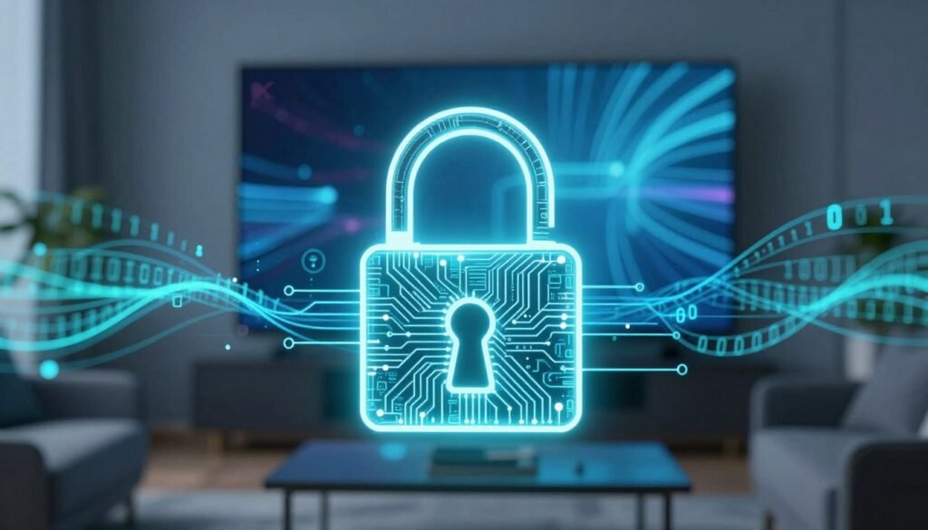 A visually striking representation of data security and user privacy in the context of IPTV. In the foreground, a high-tech lock symbol made of digital circuits glows brightly, embodying protection. The middle ground features abstract representations of data streams, depicted as flowing binary code and interconnected chains, symbolizing secure connections. The background includes a soft-focus image of a sleek modern living room with a large screen displaying abstract patterns, hinting at 4K technology. The lighting is a serene blue and green tone, enhancing a sense of tranquility and security. The overall mood is professional and futuristic, inviting viewers to consider the importance of safeguarding their data while enjoying advanced entertainment technologies.